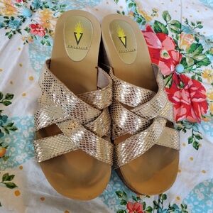 Volatile Women’s Slip On Gold Wedge Sandals Size 8
